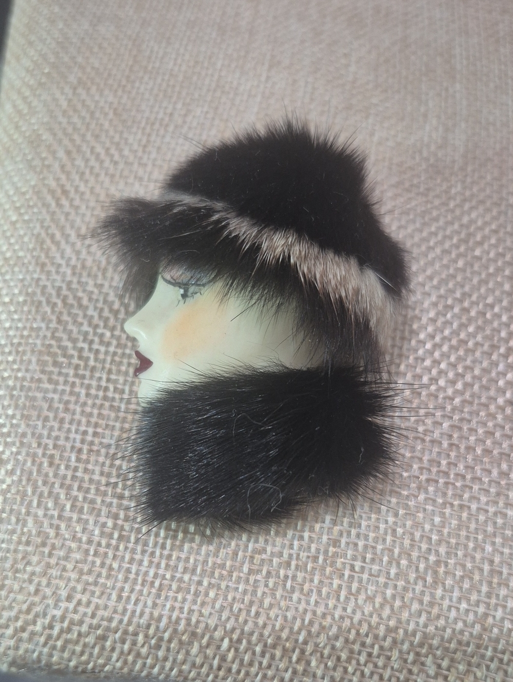 Vintage Mink Rabbit Fur Porcelain Face Brooch